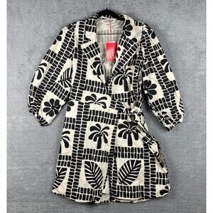 CaCay Women's Medium Off White Black Palm Leaf Puff Sleeve Belted Wrap Dress